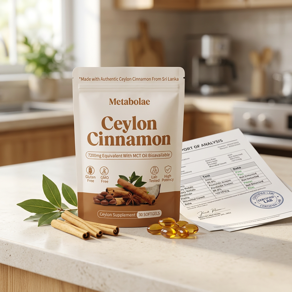 Metabolae Ceylon Cinnamon bottle with softgels and Certificate of Analysis