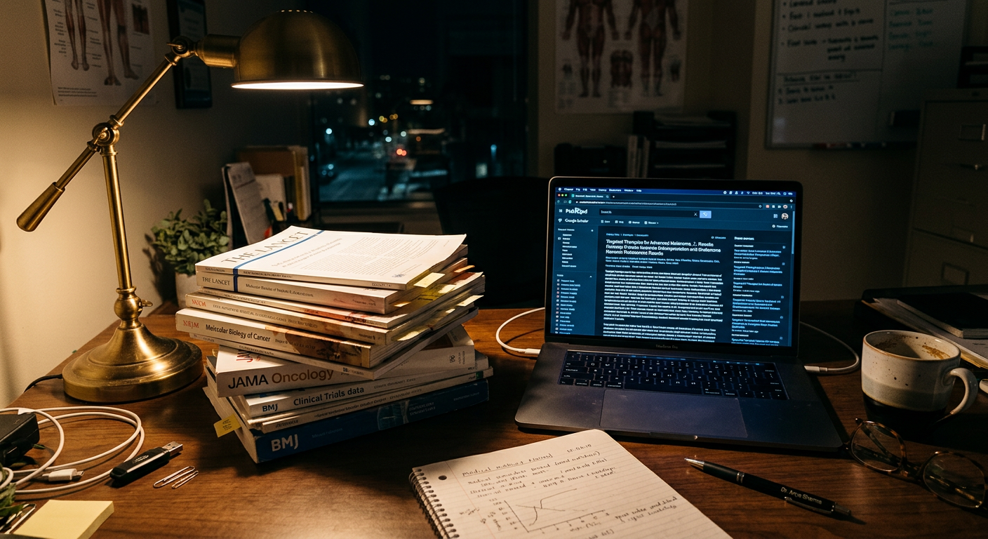 Medical journals and research papers on a laptop late at night
