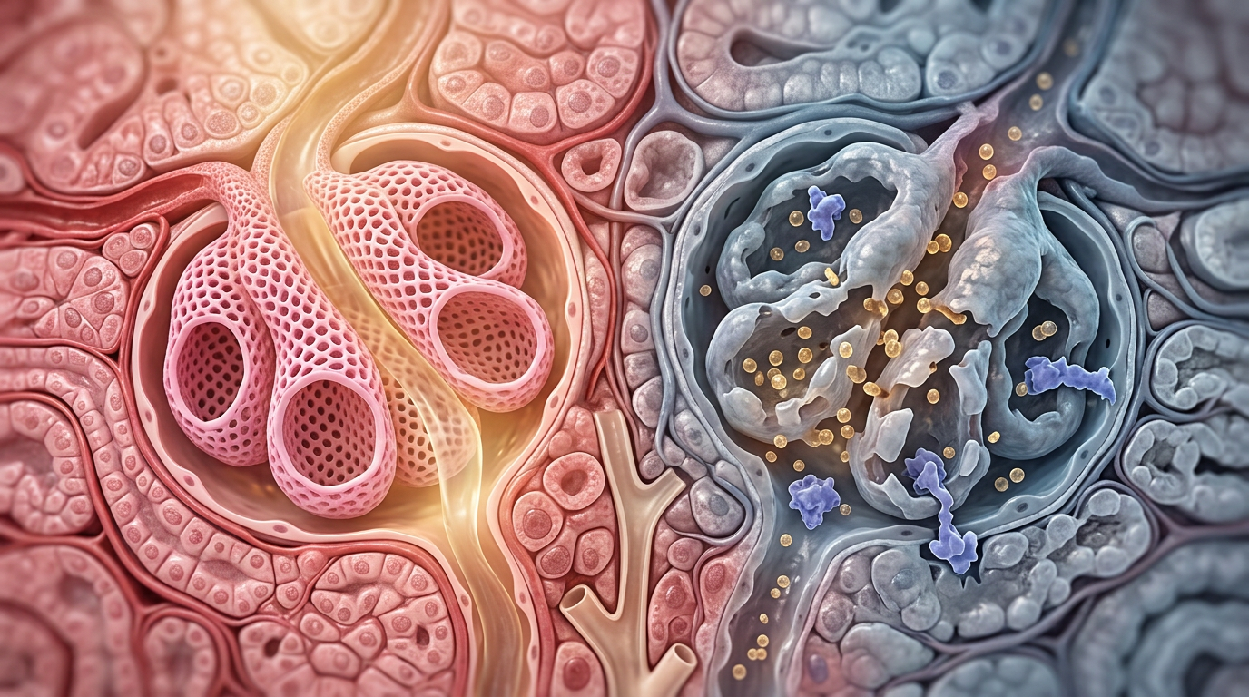 Microscopic view of kidney nephron filters showing early glucose damage