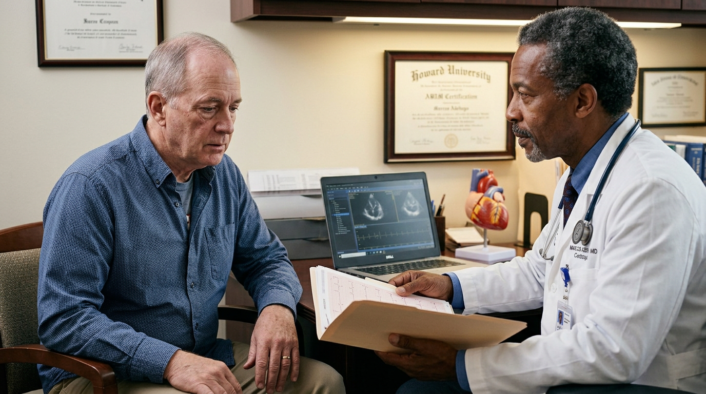 Man in his early 60s sitting across from a doctor in a cardiology exam room, looking concerned, clinical setting