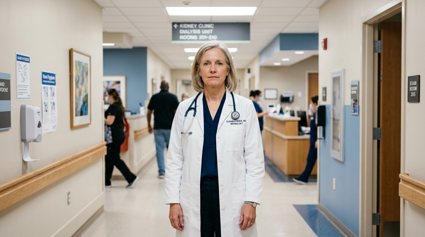 Physician in a clinic hallway