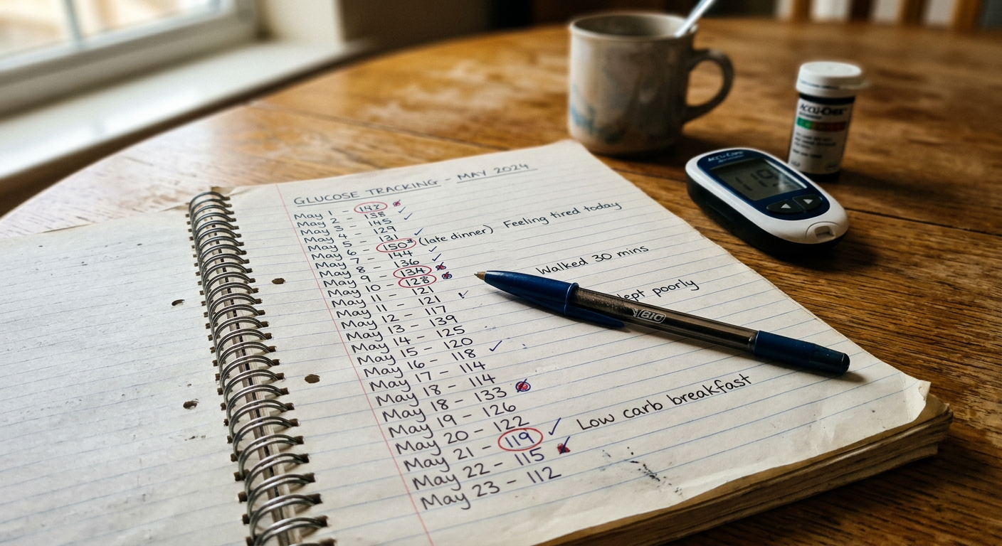 Open diary notebook with handwritten glucose readings