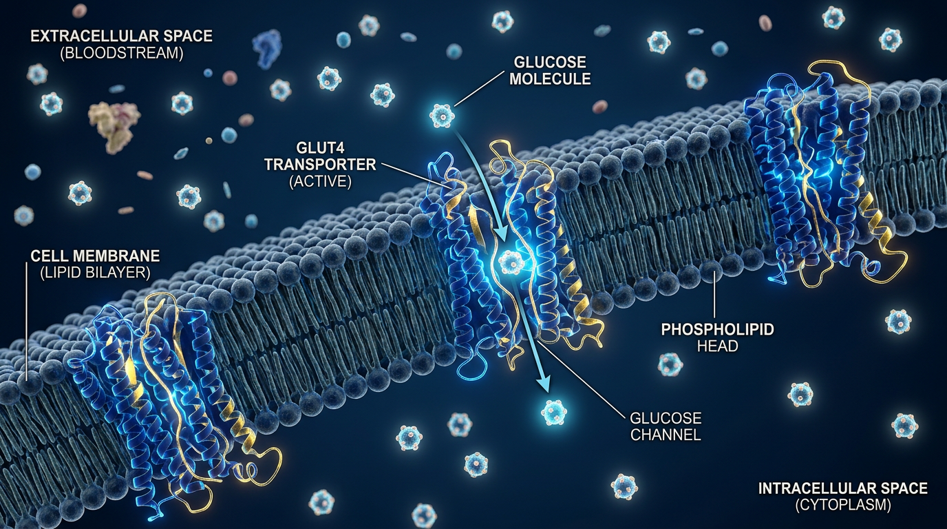 Cell membrane diagram showing GLUT4 transporters pulling glucose from blood into cells