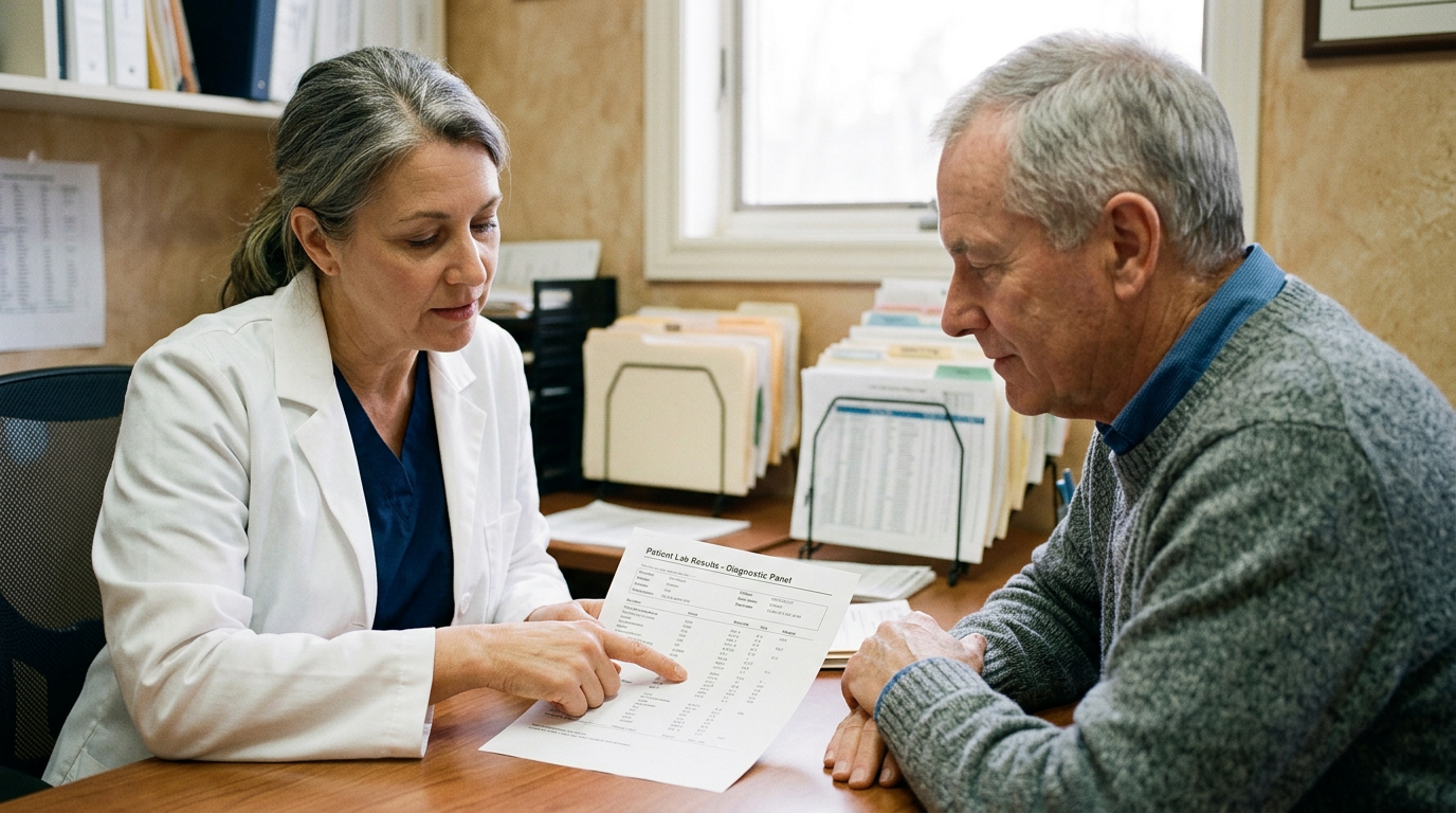 Health practitioner reviewing lab results during consultation