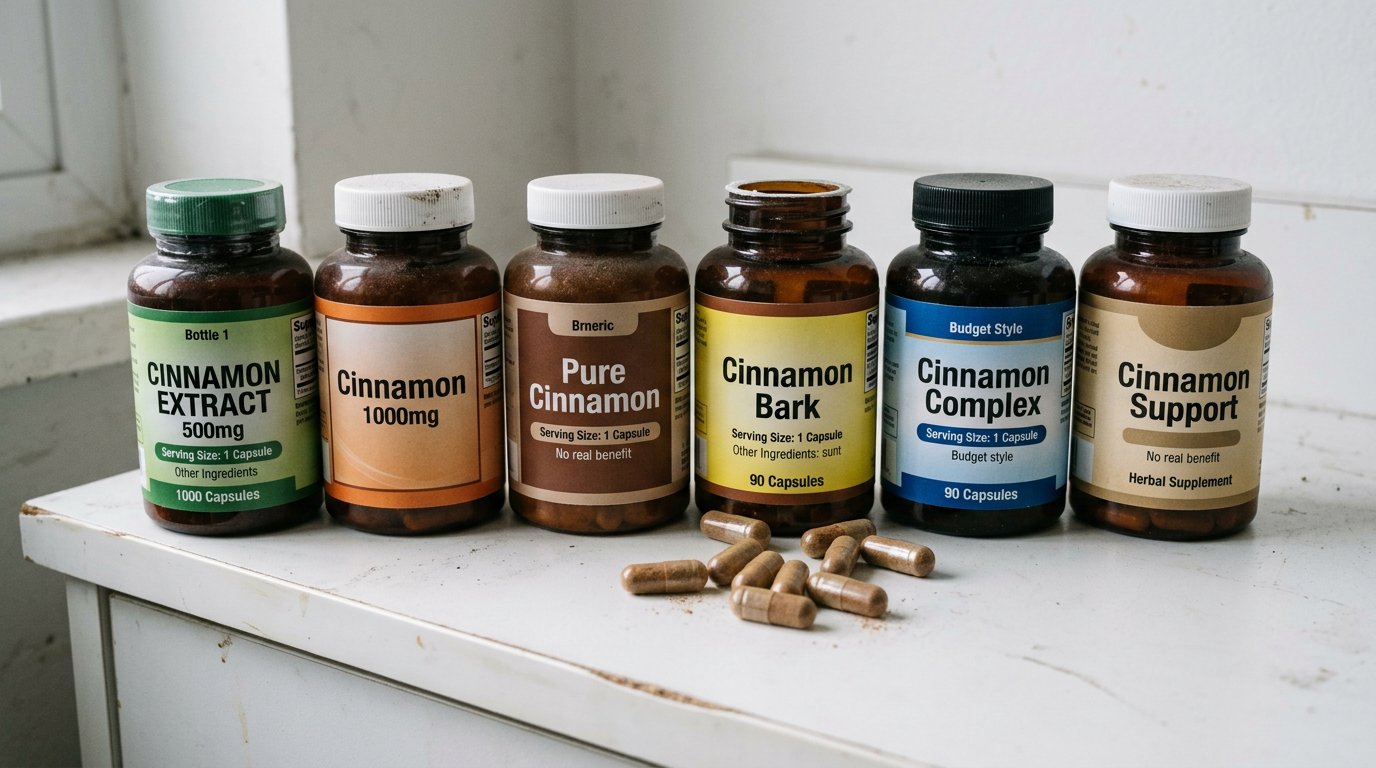 Various cinnamon supplement bottles lined up for comparison