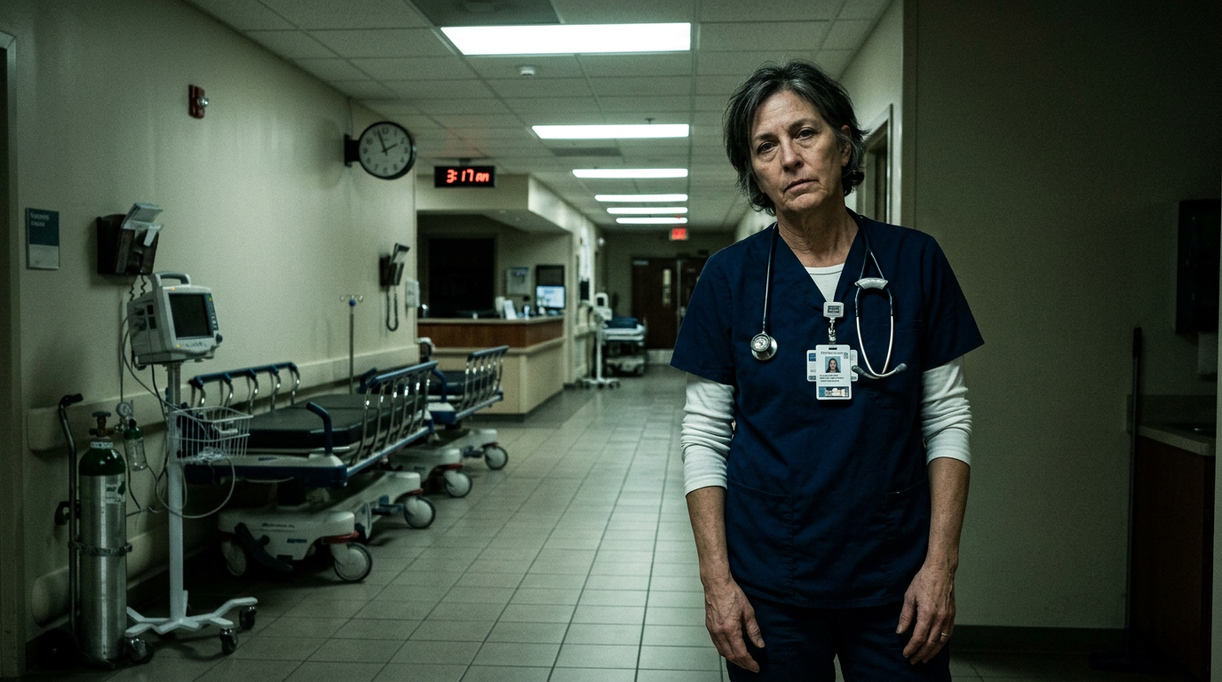 ER nurse in scrubs standing in hospital corridor at night