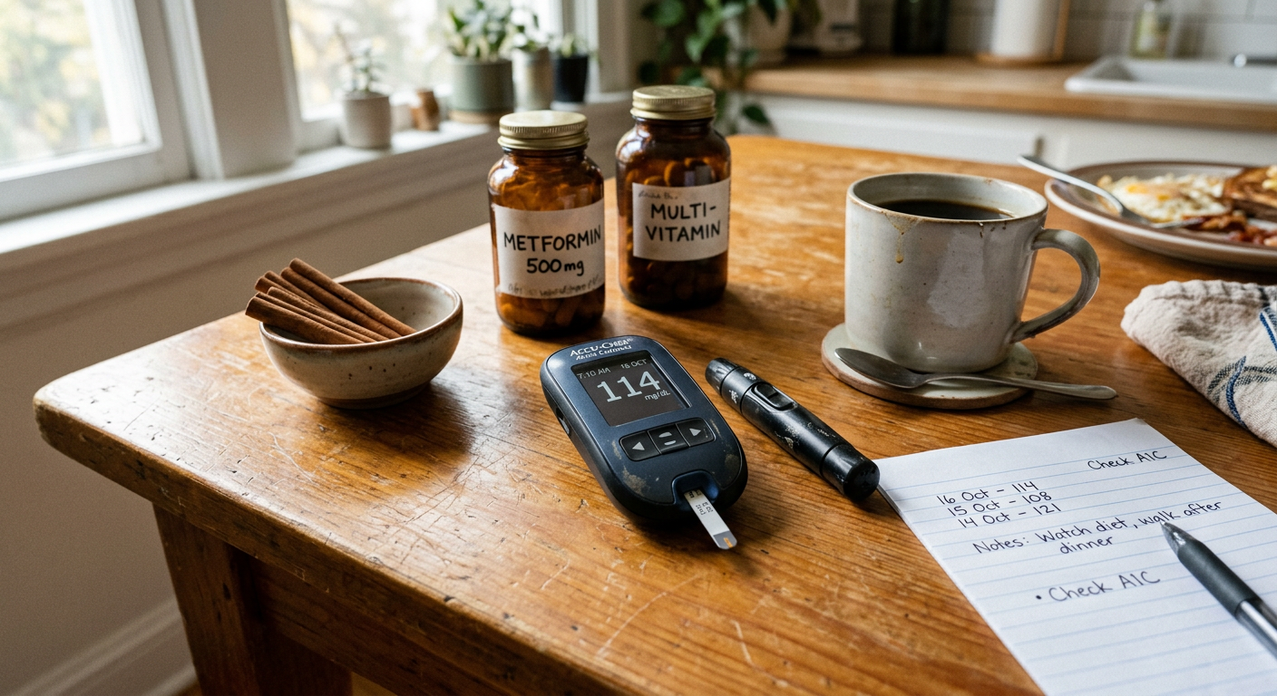 Hero: Glucometer with natural supplements on kitchen table