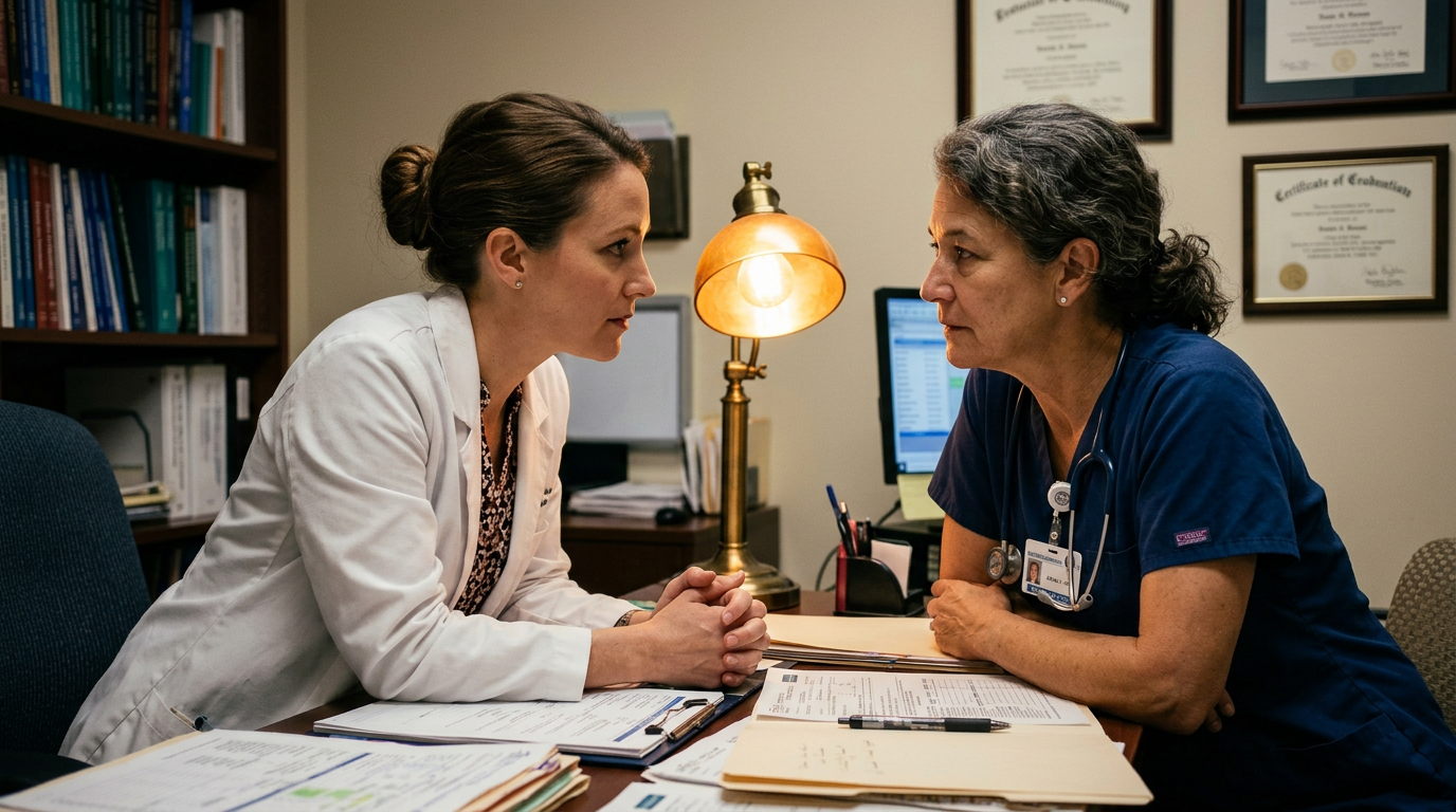 Female doctor in consultation room speaking earnestly to patient across her desk