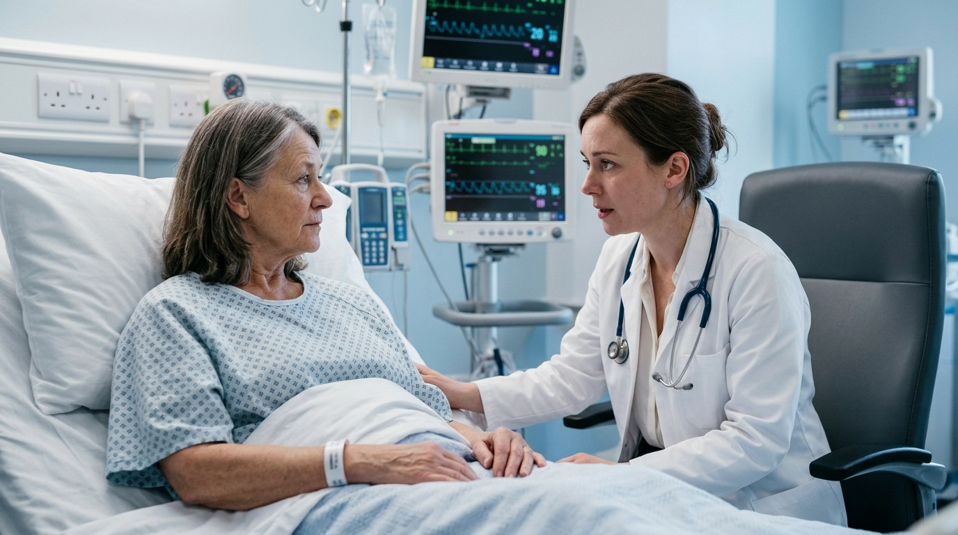 Female specialist in metabolic medicine consulting with patient in hospital room