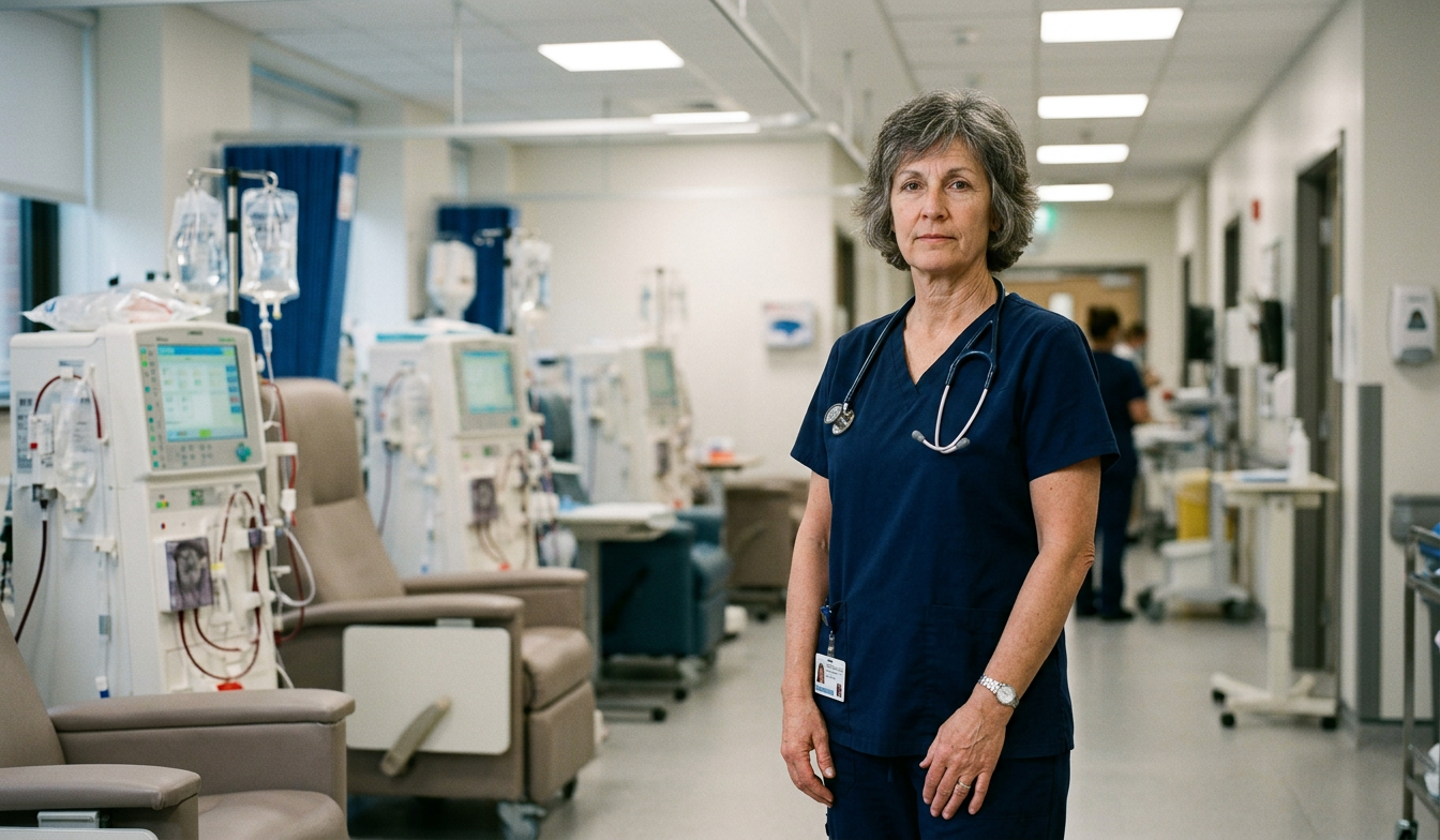Dialysis nurse standing in a treatment unit