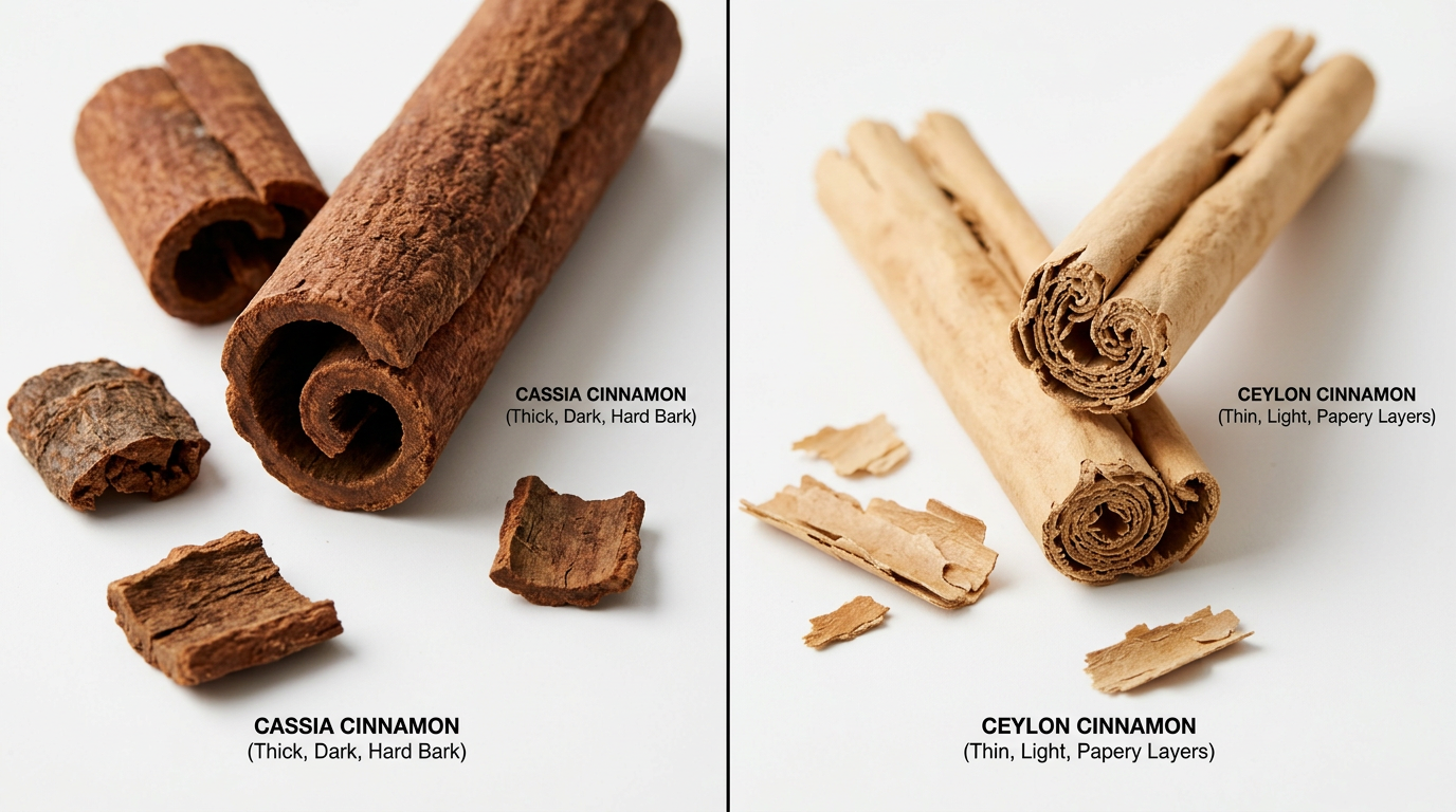 Side-by-side comparison of Cassia and Ceylon cinnamon